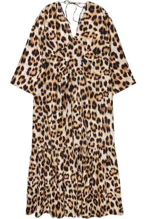 Munthe Kleedjes, Dames, Bruin, S, Elegante Leo Print Jurk met V-Hals