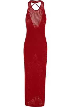 LANEUS Kleedjes, Dames, Rood, S, Geribbelde Lange Jurk met Achterhalslijn