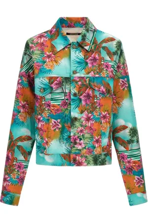 Roberto Cavalli Jassen, Dames, Veelkleurig, M, Denim, Hawaii Print Denim Jack Lichtblauw
