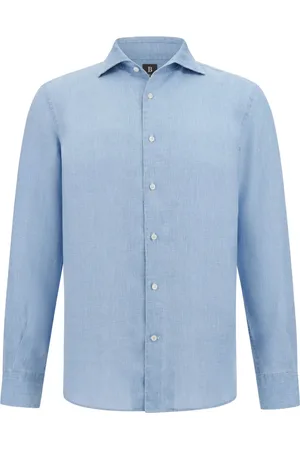 Boggi Milano Overhemden, Heren, Blauw, XL, Linnen, Regular Fit Linnen Overhemd