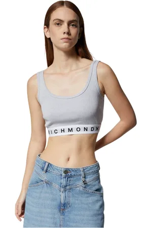 John Richmond Tops, Dames, Grijs, S, Katoen, Korte grijze top met elastische band en logo X
