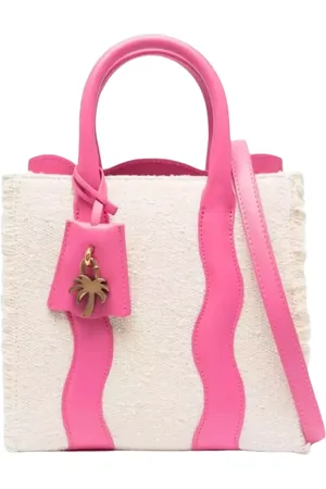 Palm Angels Tassen, Dames, Roze, ONE Size, Katoen, Beige Shopper Tas met Leren Inzetstukken