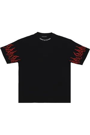 Vision Of Super Tops, Heren, Zwart, L, Katoen, Vlammen Geborduurd T-shirt Zwart/Rood