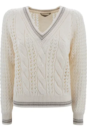 D.EXTERIOR Truien, Dames, , M, Katoen, Ivoor Kabelgebreide V-hals Trui met Lurex