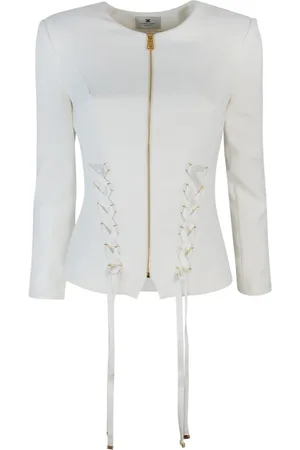 Elisabetta Franchi Jassen, Dames, Wit, L, Polyester, Witte Jassen met Gouden Metalen Details