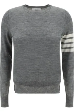 Thom Browne Truien, Dames, Grijs, S, Wol, Gestreepte Wollen Trui met Zijknopen