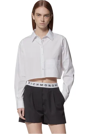 John Richmond Blouses & Shirts, Dames, Wit, XS, Katoen, Witte cropped shirt met aangebrachte zak
