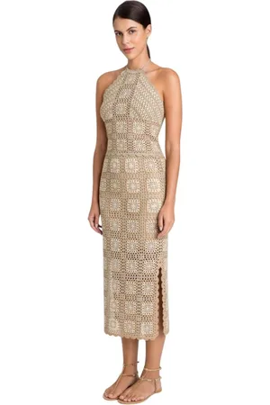 Twin-Set Kleedjes, Dames, Bruin, M, Katoen, Gouden Gehaakte Set Halter Top Rok
