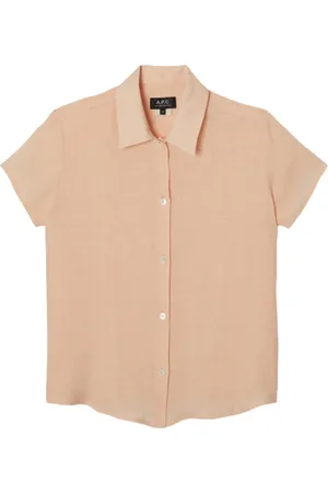 A.P.C. Blouses & Shirts, Dames, Roze, S, Linnen, Witte linnen korte mouwen overhemd