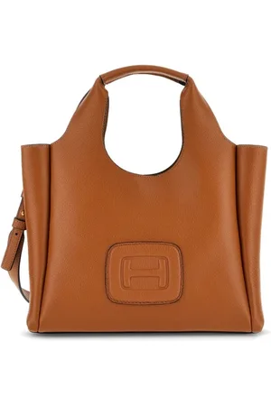 Hogan Tassen, Dames, Bruin, ONE Size, Leer, Bruine leren tote tas met reliëf logo