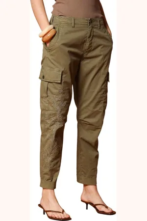 Masons Broeken, Dames, Groen, XS, Katoen, Cargo broek met borduursel, relaxte pasvorm