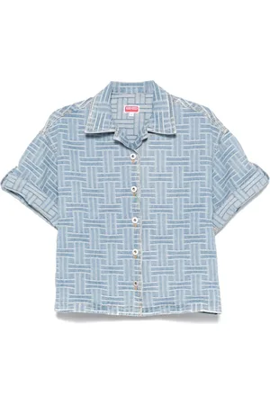 Kenzo Blouses & Shirts, Dames, Blauw, M, Katoen, Overhemd met Korte Mouwen en Knoopsluiting