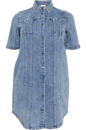 Kaffe Kleedjes, Dames, Blauw, 3Xl, Denim, Denim Jurk met Halve Mouwen en Kraag