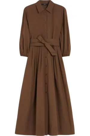 Max Mara Kleedjes, Dames, Bruin, L, Katoen, Bruine Midi Overhemdjurk met Wijde Rok