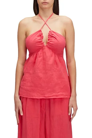 Sundek Tops, Dames, Roze, M, Linnen, Fuchsia Linnen V-Hals Top