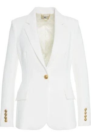 Elisabetta Franchi Jassen, Dames, Wit, XL, Witte Crêpe Blazer met Gouden Details