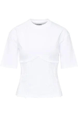 Ganni Tops, Dames, Wit, L, Katoen, Katoenen stropdas terug in wit