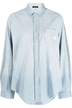 R13 Blouses & Shirts, Dames, Blauw, S, Katoen, Verfspat Chambray Button-Up Shirt