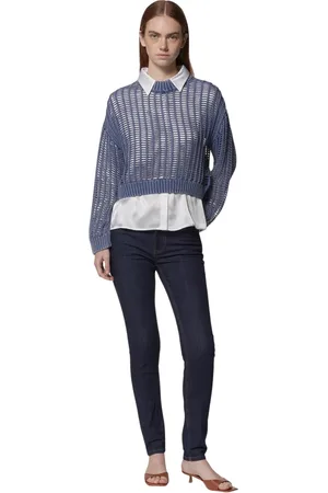 John Richmond Truien, Dames, Blauw, S, Katoen, Blauwe geperforeerde top met wit overhemdinzet