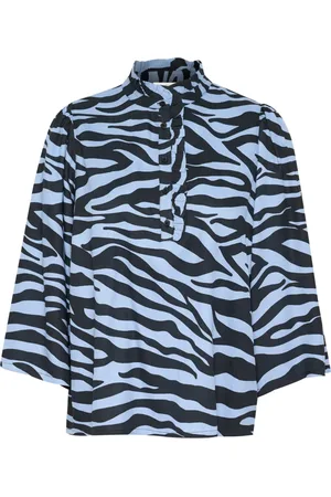 Kaffe Blouses & Shirts, Dames, Veelkleurig, L, Blauw/zwart grafische blouse met ruche