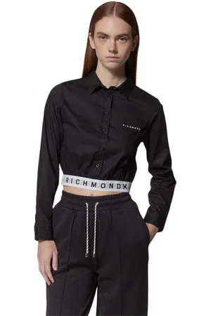 John Richmond Blouses & Shirts, Dames, Zwart, 2Xs, Katoen, Zwarte cropped shirt met logo X