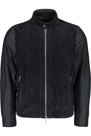 MOORER Jassen, Heren, Blauw, M, Leer, Leren Paneel Volledige Rits Jas