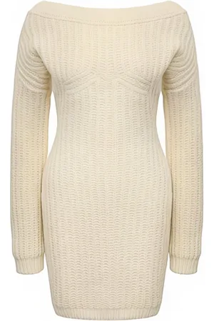 Dsquared2 Kleedjes, Dames, Wit, S, Wol, Crème Gebreide Jurk met Boothals