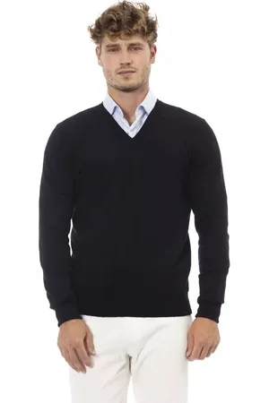 ALPHA STUDIO Truien, Heren, Zwart, L, Wol, Elegante V-hals Trui