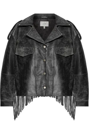 Gestuz Jassen, Dames, Zwart, S, Leer, Leren jas Jaggy met franjes