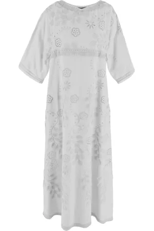 Alberta Ferretti Kleedjes, Dames, Wit, S, Katoen, Katoenmix Ronde Hals Franje Jurk