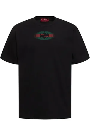 Gucci Tops, Heren, Zwart, L, Katoen, Zwarte Katoenen Jersey Bedrukt T-shirt