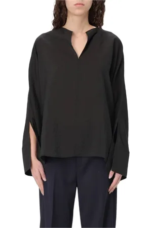 Dondup Blouses & Shirts, Dames, Zwart, S, Katoen, Lyocell Katoenen Shirt V-Hals Box Model