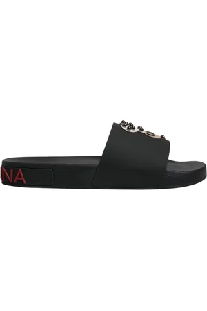 Dolce & Gabbana Schoenen, Heren, Zwart, 41 EU, Leer, Zwarte Leren Instap Sandalen Beachwear Schoenen
