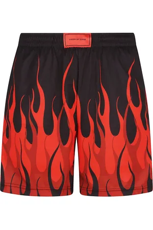 Vision Of Super Korte broeken, Heren, Veelkleurig, S, Zwarte shorts met vlammenprint en rode label