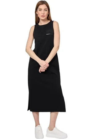 Emporio Armani Kleedjes, Dames, Zwart, L, Katoen, Zwarte Lange Katoenen Jurk met Logo