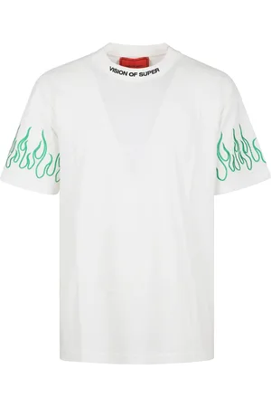 Vision Of Super Tops, Heren, Wit, L, Groene Vlammen Geborduurd T-shirt