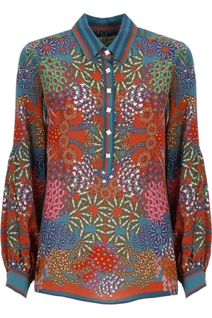 Hale Bob Blouses & Shirts, Dames, Veelkleurig, S, Zijden bloes met bloemenpatroon en juwelenknopen