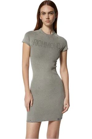 John Richmond Kleedjes, Dames, Zwart, XS, Katoen, Korte geribbelde jurk met gedrapeerde details