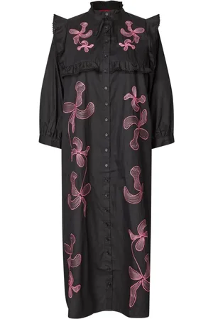 Crās Kleedjes, Dames, Zwart, XL, Katoen, Bloemen Midi Jurk met Ruchedetails