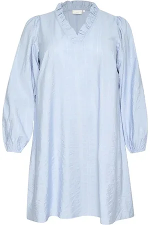 Kaffe Kleedjes, Dames, Blauw, 4Xl, Nylon, Zachte Chambray Jurk met Pofmouwen