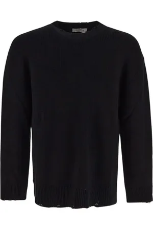 LANEUS Truien, Heren, Zwart, S, Katoen, Crew Neck Sweater met Verwoeste Zoom