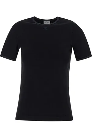 Courrèges Tops, Dames, Zwart, S, Katoen, Geborduurd Logo Crewneck T-shirt Vrouwen