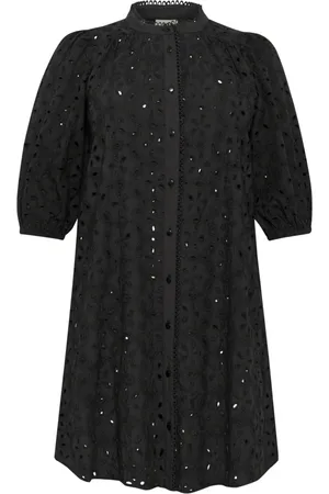 Kaffe Kleedjes, Dames, Zwart, XL, Katoen, Zwart Diep Geborduurde Jurk