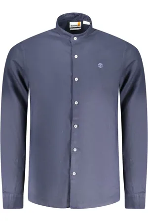 Timberland Overhemden, Heren, Blauw, M, Katoen, Blauwe Mandarin Kraag Shirt met Borduurwerk