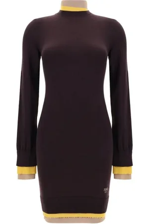 Fendi Kleedjes, Dames, Paars, 2Xs, Wol, Geribbelde Mock Neck Mini Jurk