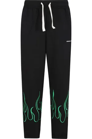 Vision Of Super Broeken, Heren, Zwart, L, Groene Vlammen Geborduurde Zwarte Broek