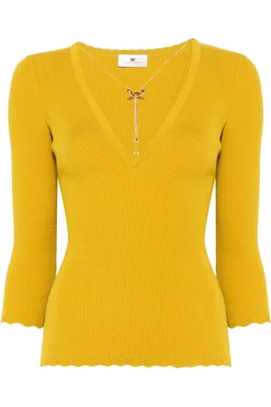 Elisabetta Franchi Truien, Dames, Geel, M, Groene Pistache V-hals Trui