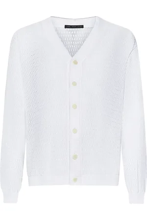 LOW BRAND Truien, Heren, Wit, 2Xl, Katoen, Witte V-hals Sweater met knopen