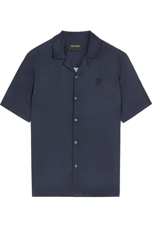 Lyle & Scott Overhemden, Heren, Blauw, L, SS Geweven Shirt Geo Motief Bedrukt Revere Shirt