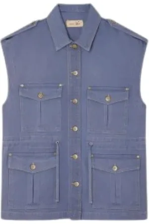 Sessun Jassen, Dames, Blauw, M, Denim, Denim Worker Mouwloos Jack
